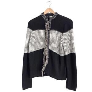 Chico's Colorblock Fringe Trim Chunky Knit Cardigan Sweater Jacket Black, Gray